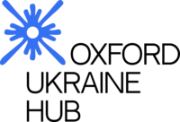 A blue graphic with lots of lines extending from a small central circle with 'Oxford Ukraine Hub' in black text